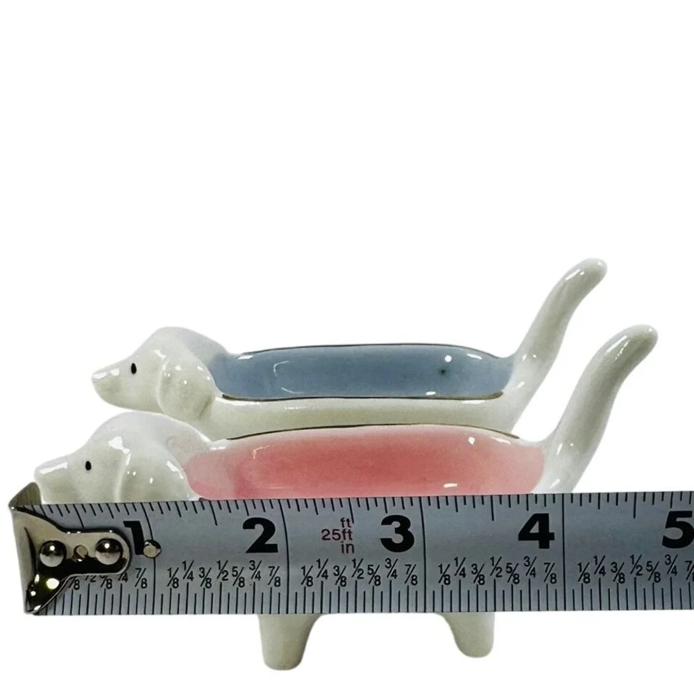 Ring Dish Dachshund Weenie White Lab Dog Ceramic 2 pc Pink Blue Pastel Goth CUTE